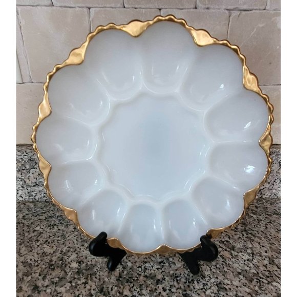 Anchor Hocking Fire King Milk White Deviled Egg Plate with Gold Trim - Picture 1 of 5